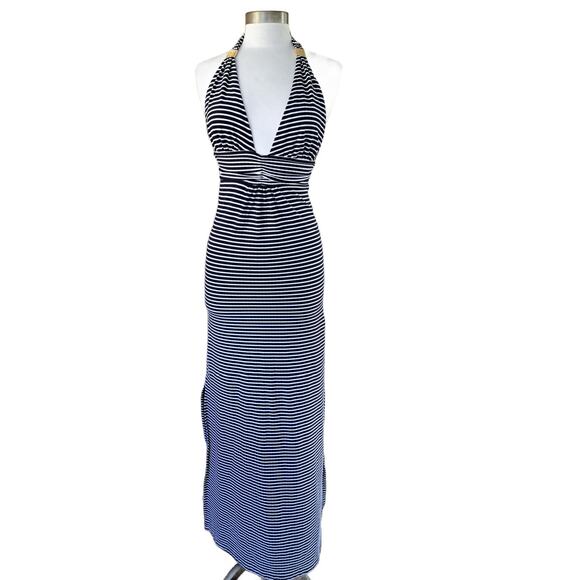 HEIDI KLEIN Striped Halter Maxi Dress Small Resort Blue & White Backless V-neck - Picture 3 of 13